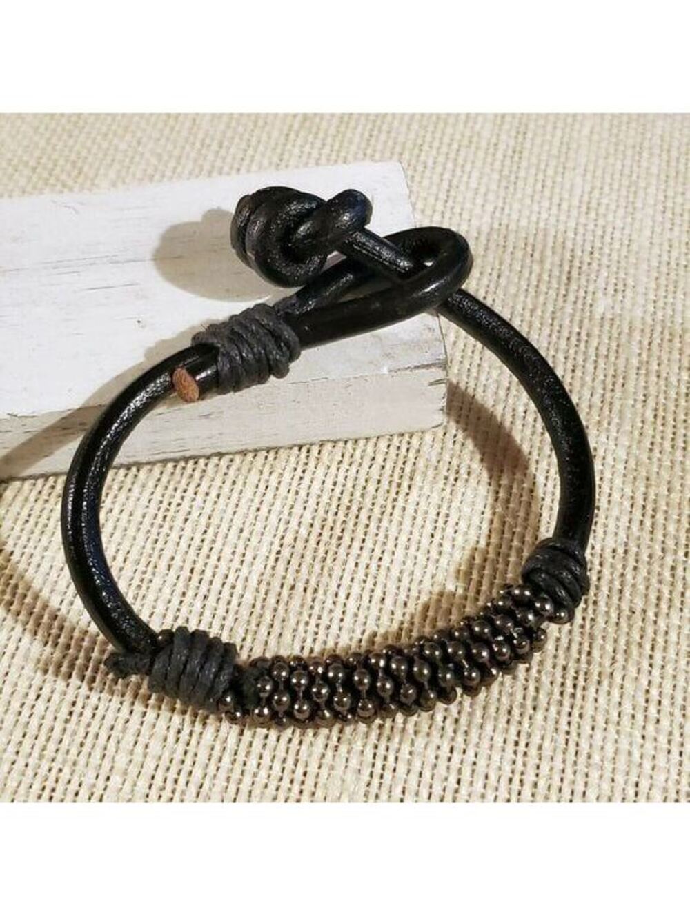 NEW Thick Black Goat Leather Vintage India Handcrafted Gunmetal Beads Bracelet